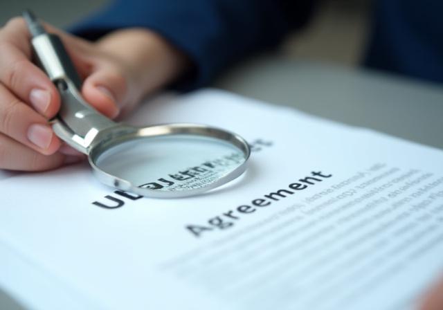 Close up of a lawyer reviewing a document with a magnifying glass